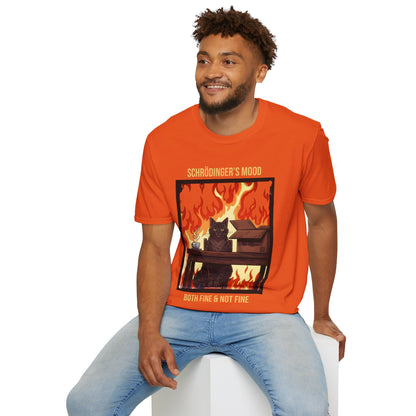 Male model wearing an Orange Schrödinger’s Mood T-Shirt - Dualistic Feeling of Circumstances Either Being Fine or Not Fine