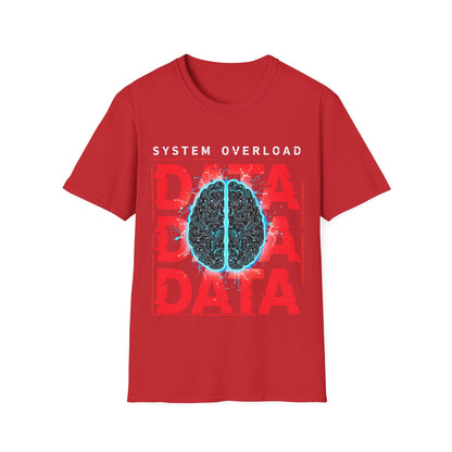 Red System Overload T-Shirt - Supercharged Futuristic Circuit Board Hybrid Human Brain Glows With Electrical Energy as the background Data Glitches & Pixelates due to overwhelm
