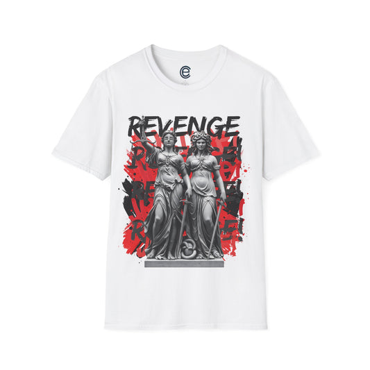 Revenge & Justice White Graphic Tee: Renaissance Meets Street Art. Scale, Swords & Blindfold - Medusa, Revenge, Pursuit of Truth, Integrity, Social Inequity, Prejudice