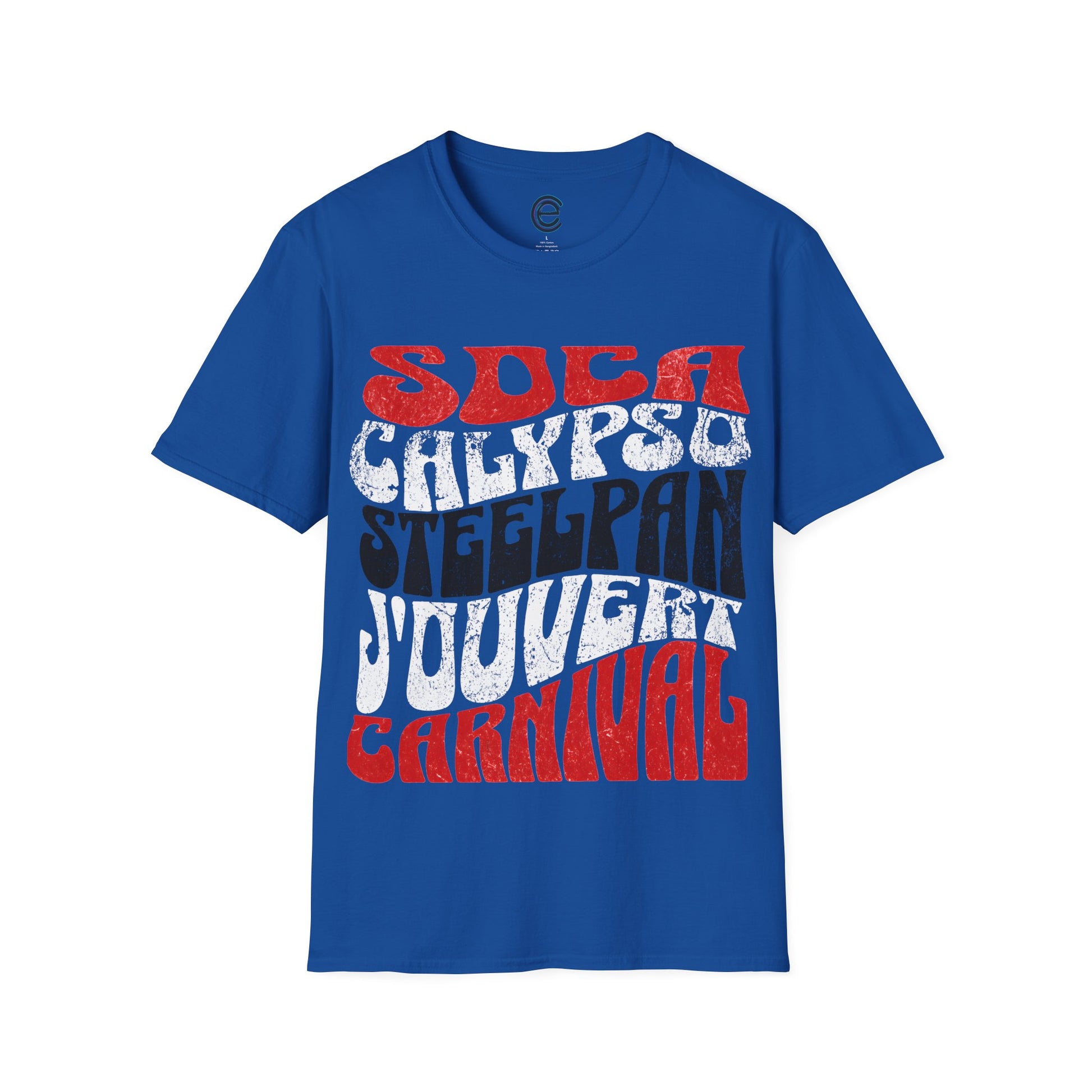 Royal T&T TrinBago Carnival T-Shirt in T&T Flag Colors: Red, White & Black, highlighting some of the core cultural elements of the festival known famously as The Greatest Show on Earth: Soca, Calypso, Steelpan, J'Ouvert & Carnival.