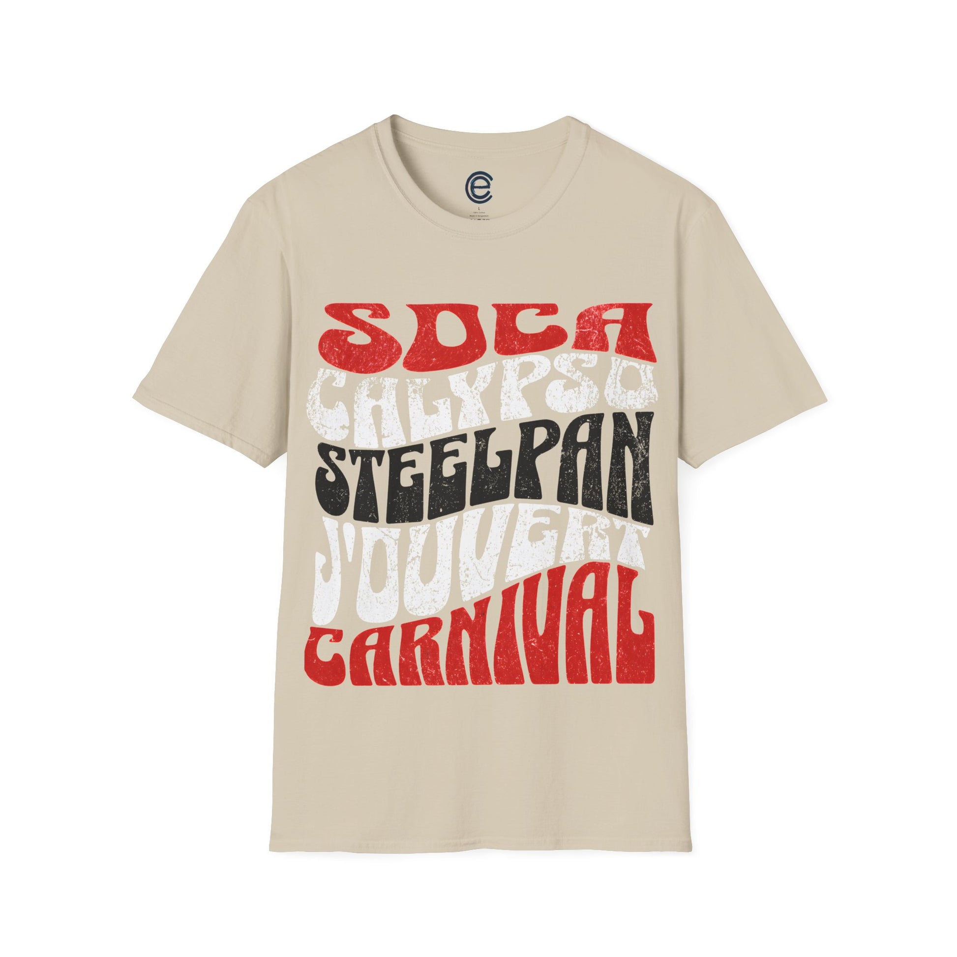 Sand T&T TrinBago Carnival T-Shirt in T&T Flag Colors: Red, White & Black, highlighting some of the core cultural elements of the festival known famously as The Greatest Show on Earth: Soca, Calypso, Steelpan, J'Ouvert & Carnival.