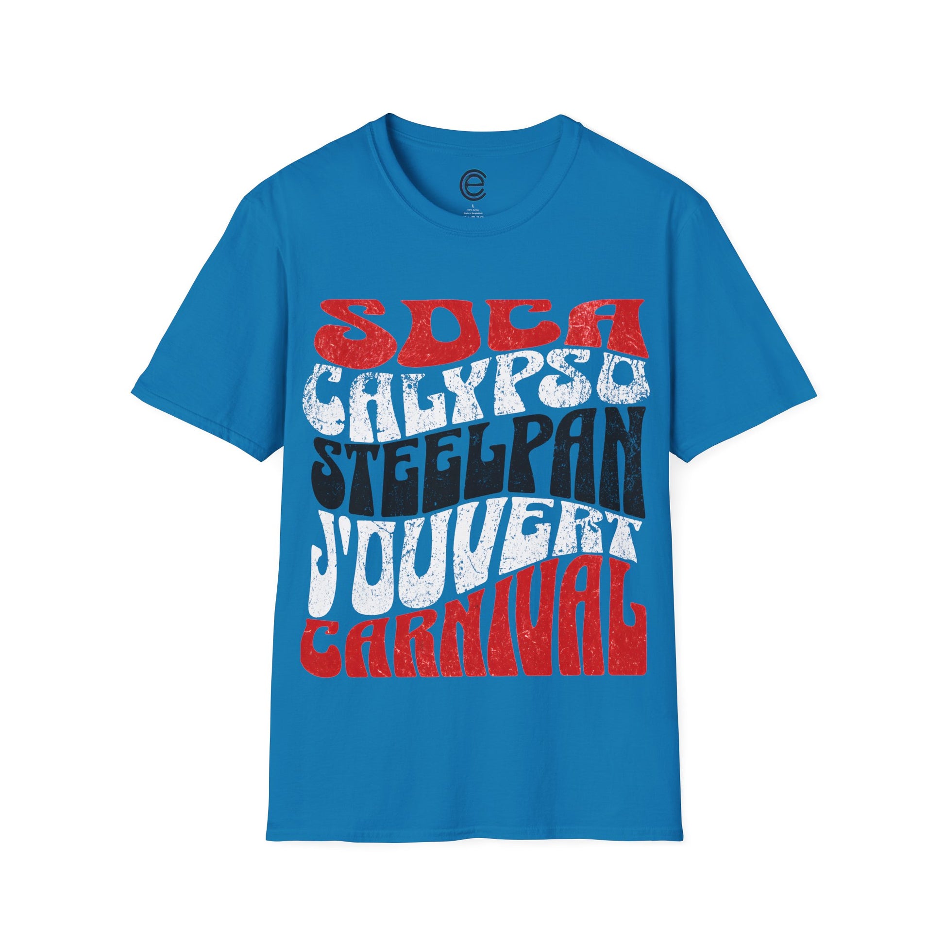 Sapphire T&T TrinBago Carnival T-Shirt in T&T Flag Colors: Red, White & Black, highlighting some of the core cultural elements of the festival known famously as The Greatest Show on Earth: Soca, Calypso, Steelpan, J'Ouvert & Carnival.