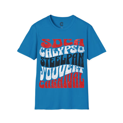 Sapphire T&T TrinBago Carnival T-Shirt in T&T Flag Colors: Red, White & Black, highlighting some of the core cultural elements of the festival known famously as The Greatest Show on Earth: Soca, Calypso, Steelpan, J'Ouvert & Carnival.