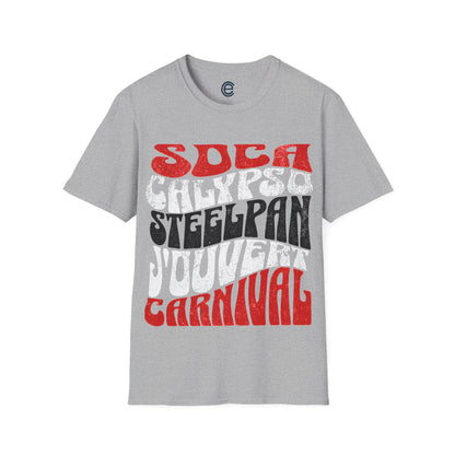 Sport Grey T&T TrinBago Carnival T-Shirt in T&T Flag Colors: Red, White & Black, highlighting some of the core cultural elements of the festival known famously as The Greatest Show on Earth: Soca, Calypso, Steelpan, J'Ouvert & Carnival.