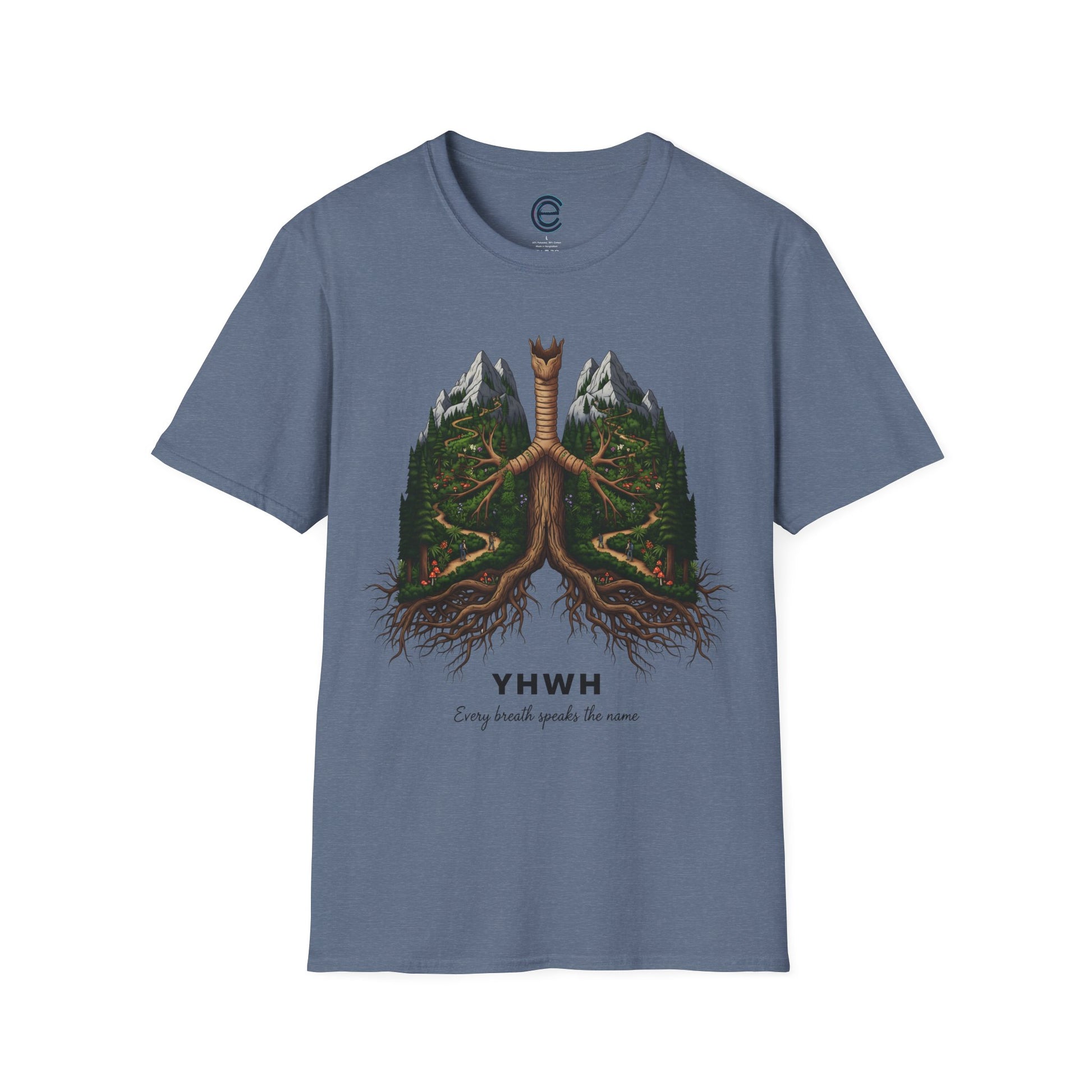 YHWH - Every Breath Connects Us All - Heather Indigo Graphic T-Shirt