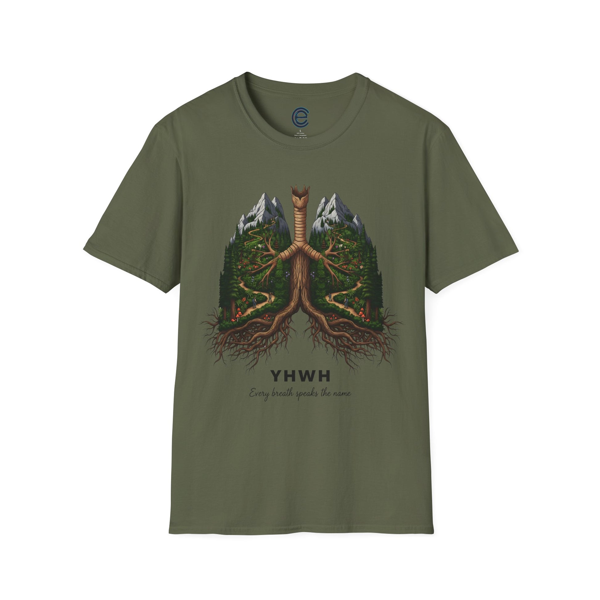 YHWH - Every Breath Connects Us All - Military Green Graphic T-Shirt