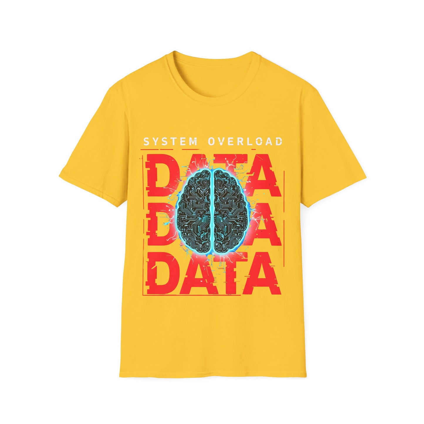 Yellow System Overload T-Shirt - Supercharged Futuristic Circuit Board Hybrid Human Brain Glows With Electrical Energy as the background Data Glitches & Pixelates due to overwhelm