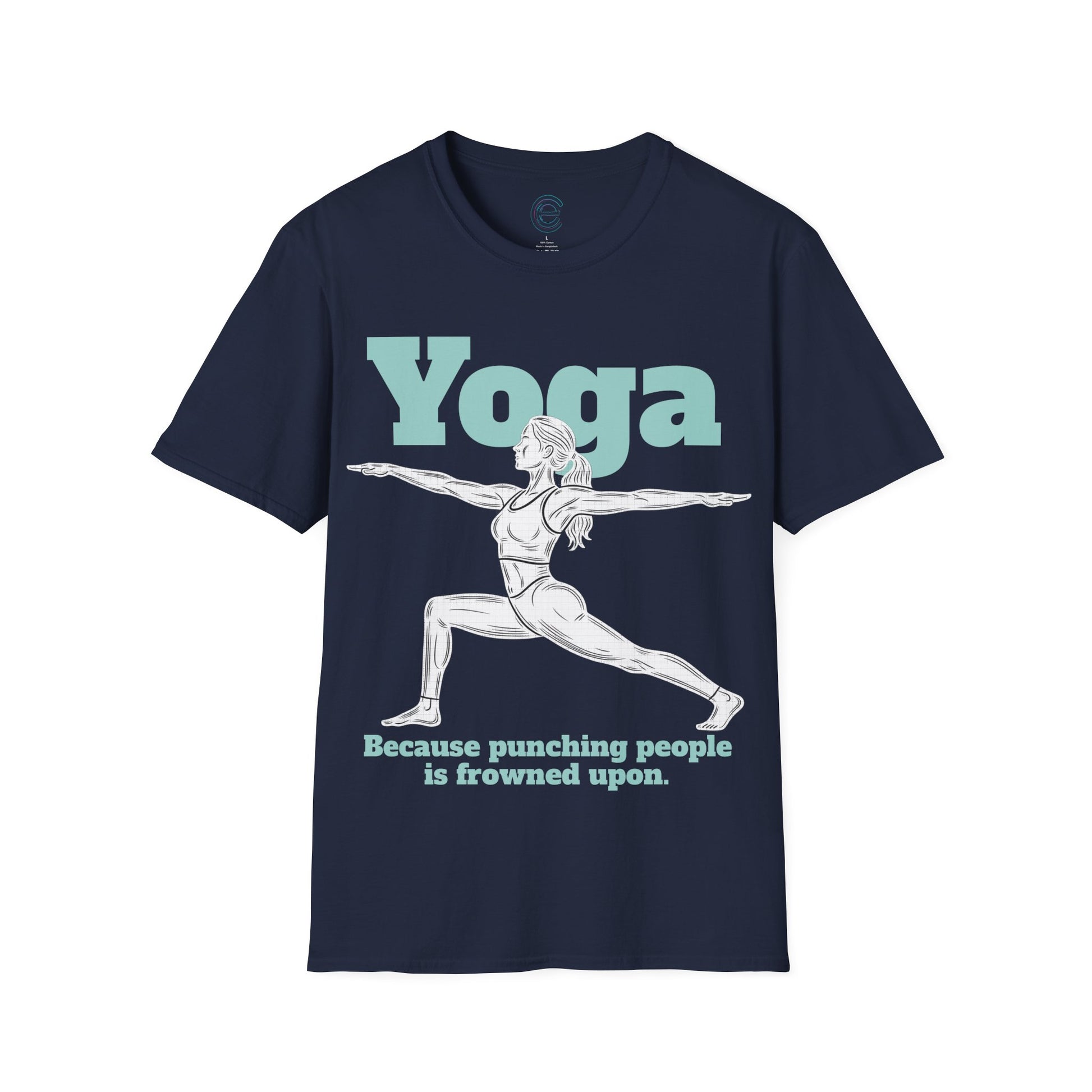 Yoga, Because... - Heather Navy Graphic T-Shirt