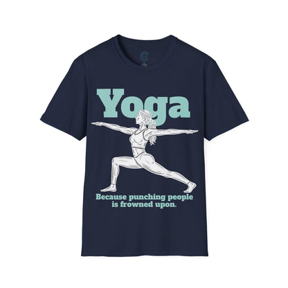 Yoga, Because... - Heather Navy Graphic T-Shirt